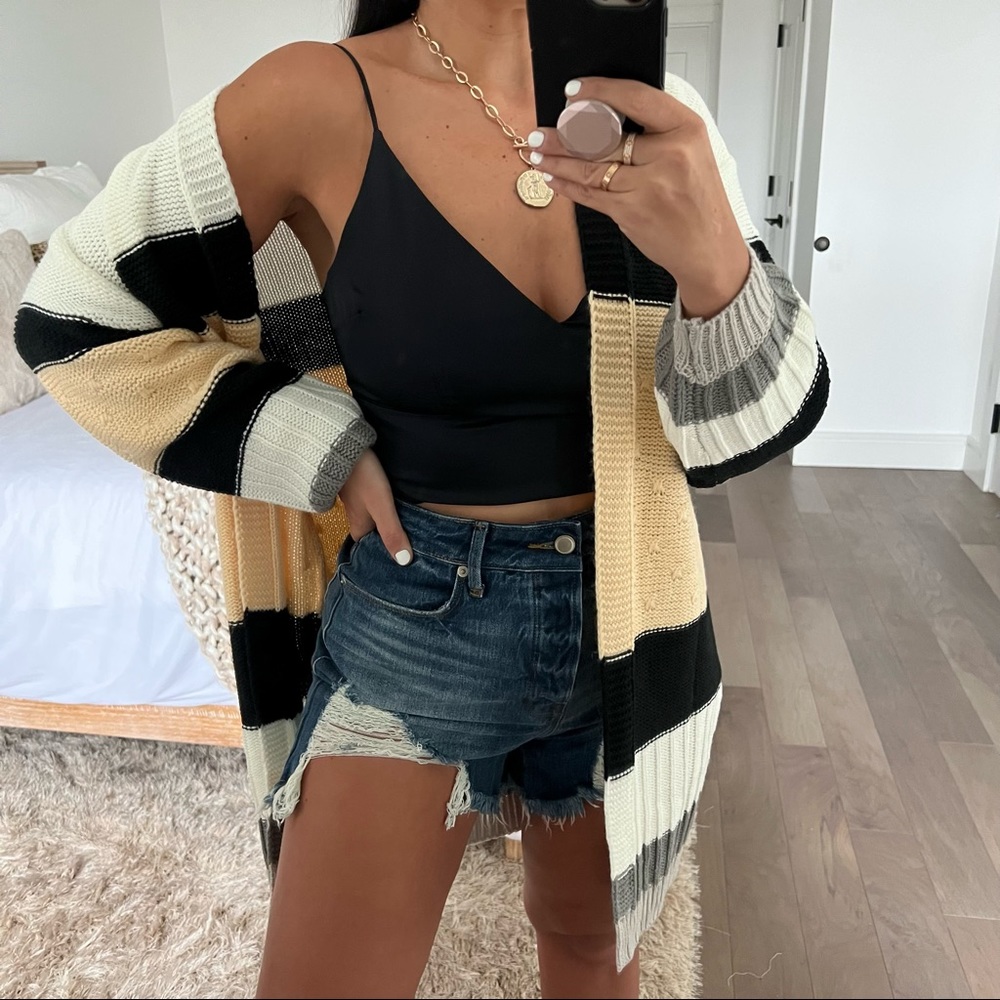 Striped Open-Front Cardigan Sweater in Black, Cream & Tan
